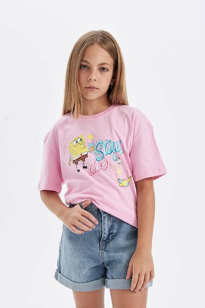 DeFacto Κοριτσίστικο μπλουζάκι με λαιμόκοψη Spongebob Crew Relax Fit C4829a824sm
