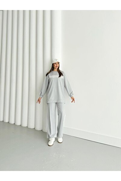 Basicpark Painted Gray Women's Crew Neck Embroidered Stripe Detailed Cotton Knitted Bottom Top Set