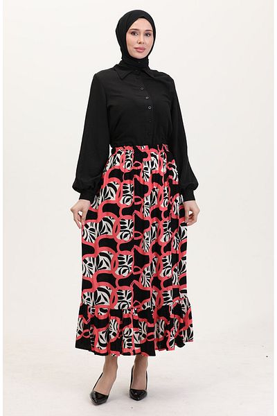 sefamerve Fusta neagră din țesătură viscoză fucsia cu talie elastică 2012P-03