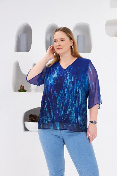 RMG Lined Large Size Chiffon Blouse Navy Blue