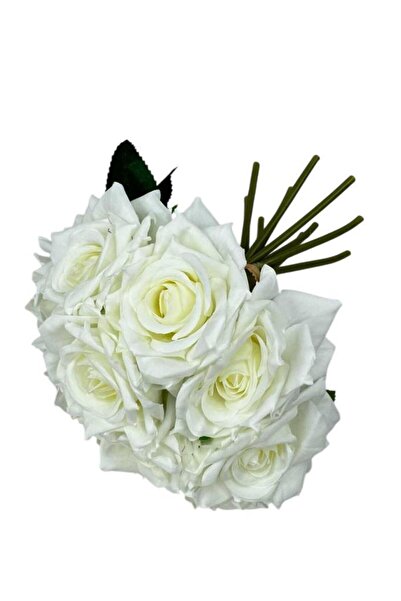 Nettenevime Yapay Çiçek Beyaz Gül 10lu Demet Gelin Çiçeği Buketi Masa Üstü Vazo Çiçeği 25cm