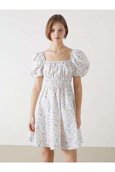 LC Waikiki Γυναικείο φόρεμα εκρού τετράγωνο γιακά Floral Poplin