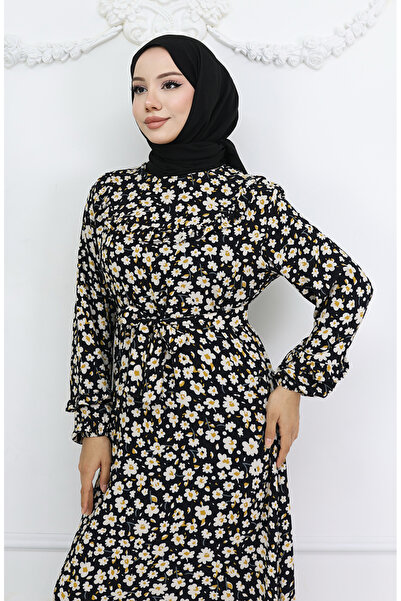 sefamerve Φόρεμα με βολάν από ύφασμα βισκόζης 2003-04 Μαύρο