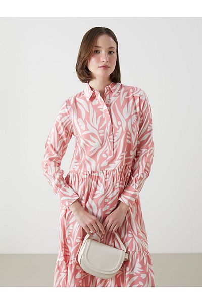 LC Waikiki Classic Pink Shirt Collar Patterned A-Line Women's Dress