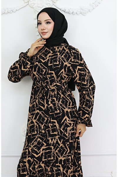 sefamerve Viskon Kumaş Kolu Lastikli Elbise 2006-05 Siyah Sütlü kahve