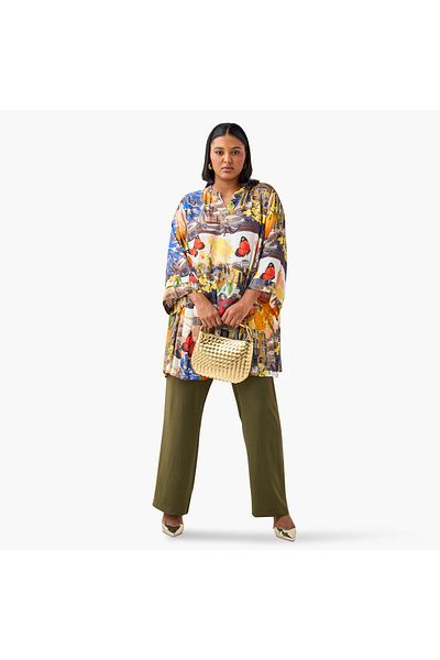 Ulla Popken Plus Size Ulla Popken Graphic Print Top with Mandarin Neck and 3/4 Sleeves
