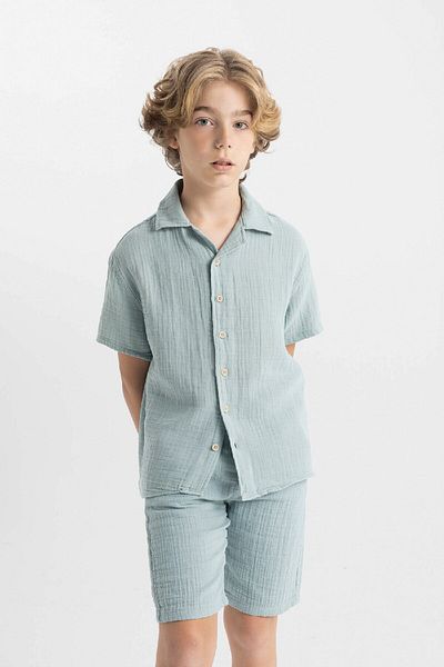 DeFacto Boy's Muslin Polo Neck Oversize Shirt - Short Sleeve W3239A624Hs