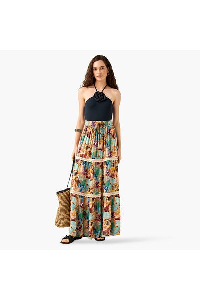FAV Floral Print Tiered Maxi Skirt with Elasticated Waistband