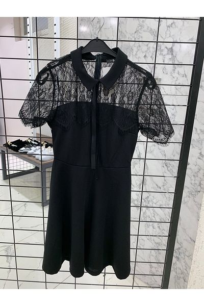 iyzi Stylish Elegant Flared Short Sleeve Lace Detailed Dress