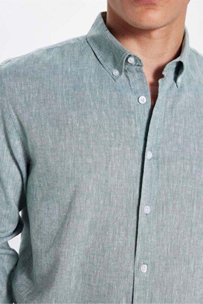 Tudors Men's Slim Fit Slim Fit Linen Effect Premium Series Button Collar Plain Mint Shirt