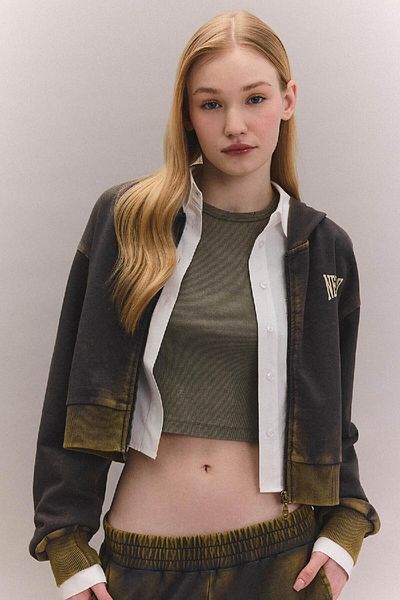 DeFacto Printed Crop Sweatshirt with Hood - Faded Washing Effect, Thick Zip C4475Ax24Sp