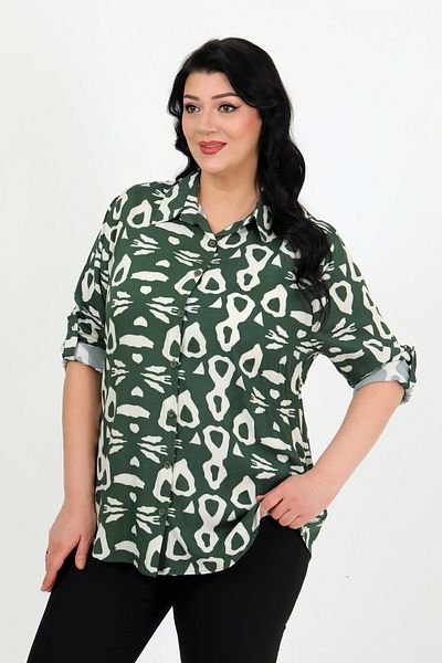 By Alba Collection Women's Khaki Patterned Cotton Viscose Large Size Shirt