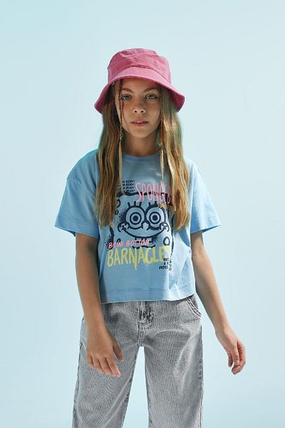 DeFacto Tricou Crop pentru fetiță cu imprimeu SpongeBob - Decolteu, mânecă scurtă C4679a824sm