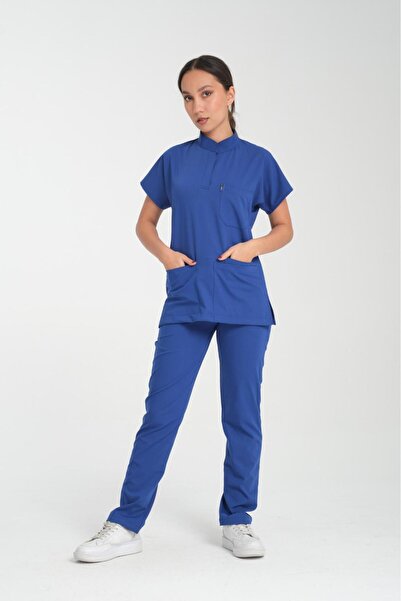 YILMAZ Üniforma İndigo mavi Hakim yaka Unisex likralı ütü istemeyen doktor he...