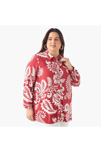 Ulla Popken Plus Size Ulla Popken Printed Shirt with Collar and Long Sleeves
