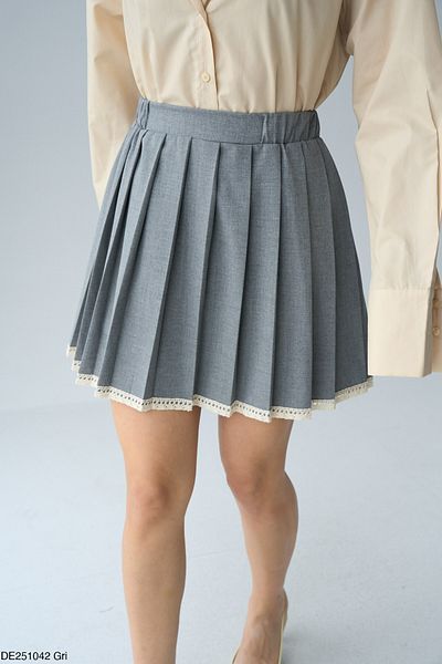 My Blog Gray Lace Detailed Pleated Skirt - 251042