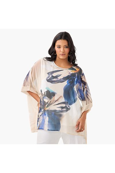 Ulla Popken Plus Size Ulla Popken Floral Print Top with Extended Sleeves