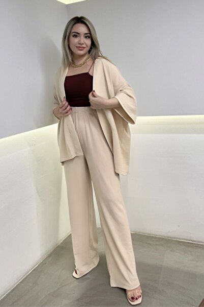 YAKAMEL Set de damă cu pantaloni largi, stil palazzo, și kimono