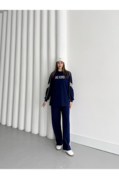 Basicpark Navy Blue Women's Sleeve Pants Stripe Detailed Front Size Embroidery Embroidered Cotton Knitted Bottom Top Set