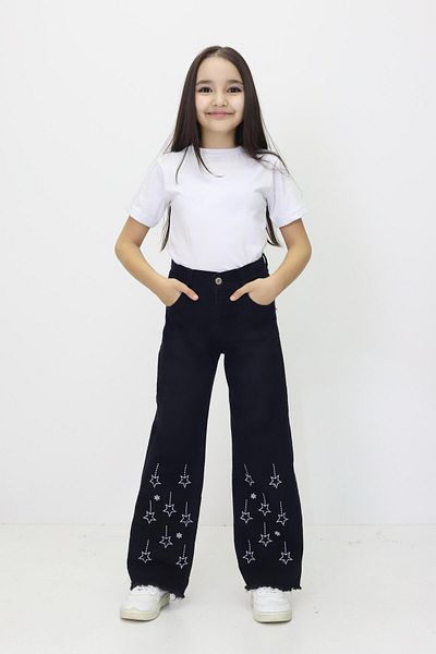 RAPİDO LİFE Girl's Wide Leg Star Embroidered Jeans Jeans with Fringed Leg Detail (Ages 6-12)