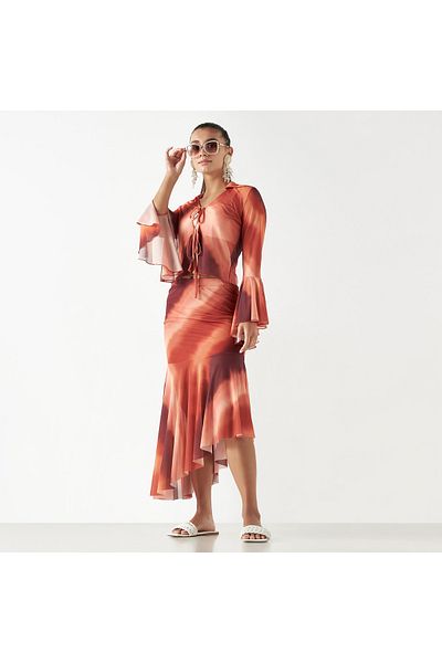FAV All-Over Print Asymmetric Skirt with Flounce Hem