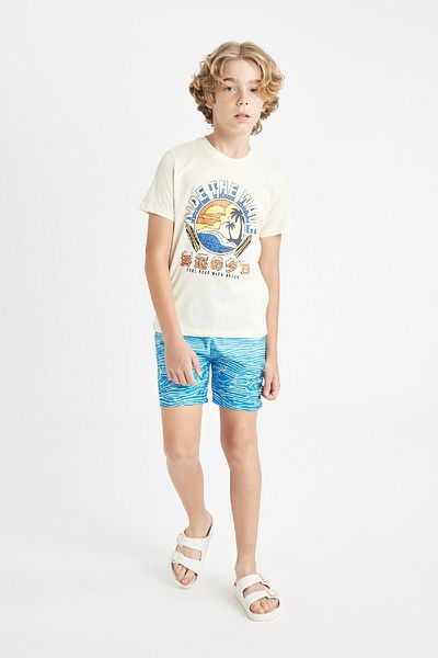 DeFacto 2-teiliges Set für Jungen, bedrucktes Kurzarm-T-Shirt, Badeshorts C4540a824hs