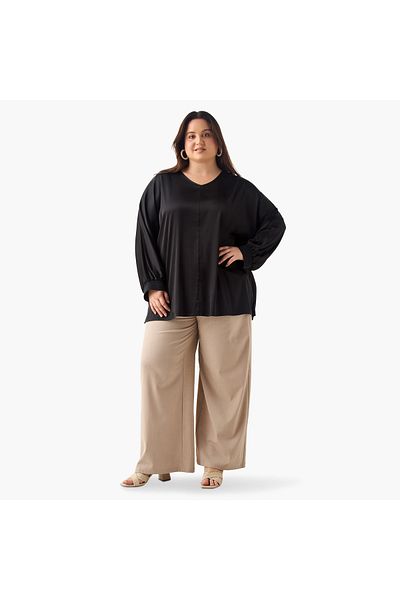Ulla Popken Plus Size Ulla Popken V-neck Top with Long Sleeves