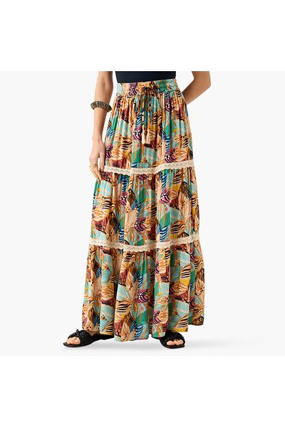 FAV Floral Print Tiered Maxi Skirt with Elasticated Waistband