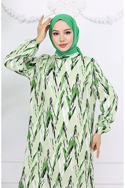 sefamerve Viskon Kumaş Kolu Lastikli Desenli Elbise 2017-04 Yeşil