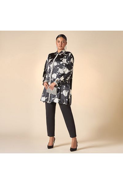 Ulla Popken Plus Size Ulla Popken Floral Print Shirt with Pearl Detail and Long Sleeves