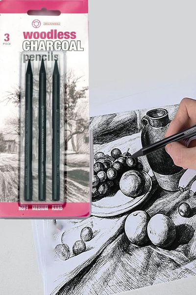GLANCE Charcoal Pencil Set Professional 3 Pcs Hard/Medium/Soft Woodless Set