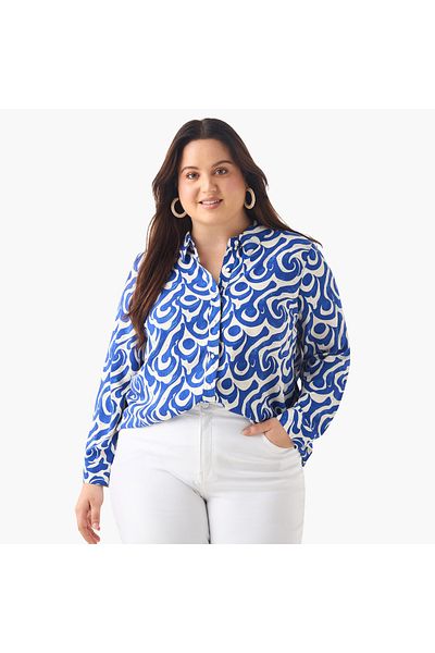 Ulla Popken Plus Size Ulla Popken Printed Shirt with Collar and Long Sleeves
