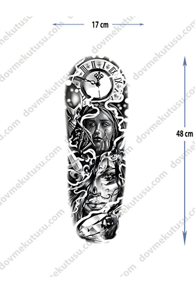 pivok Geçici Kol Kaplama Dövme – Saat Ve Kadın Yüzü Motifleriyle Zamanın Ve G...