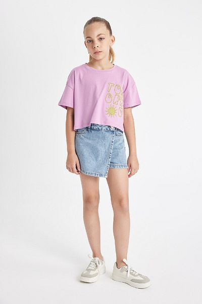 DeFacto Mädchen - Kurzes T-Shirt mit Rundhalsausschnitt und Aufdruck C4506A824SM