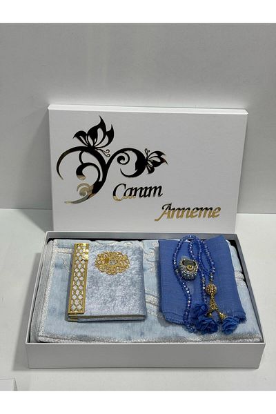 AGH Değerli Hediyeler Mother's Day Gift, Special Full Set with Name Embroidered Prayer Mat in Stylish Box