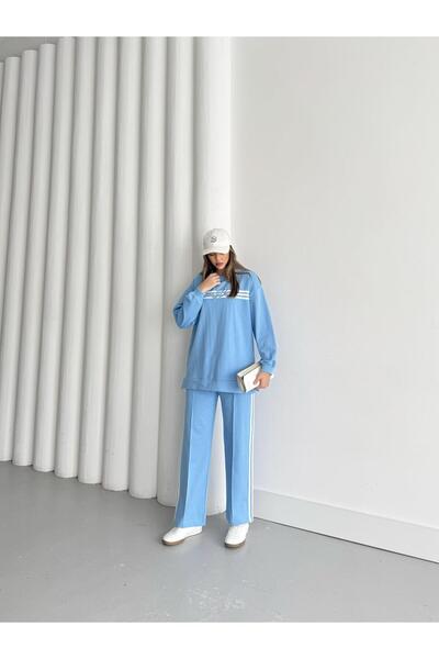 Basicpark Blue Women's Crew Neck Embroidered Stripe Detailed Cotton Knitted Bottom Top Set