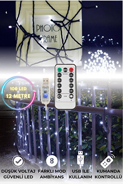 TechnoSmart 100 Ledli Usbli Kumandalı 8 Modlu Şerit Led Işık Parti Süsleme Organizasyon Beyaz ışık Siyah Kablolu