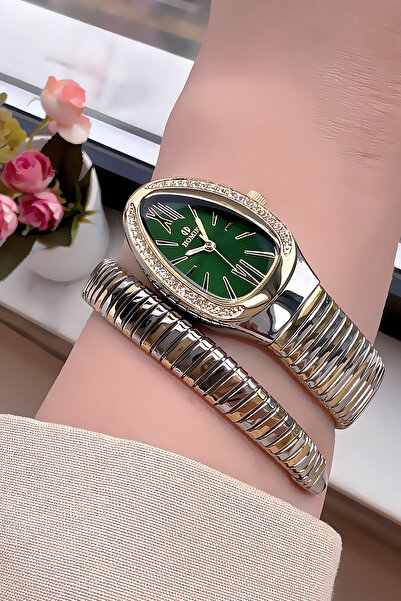 Homies Özel Kutulu Yılan Modeli Kadın Kol Saati Su Geçirmez iki Renk Çelik Kordon +Bileklik HMBY2049C3