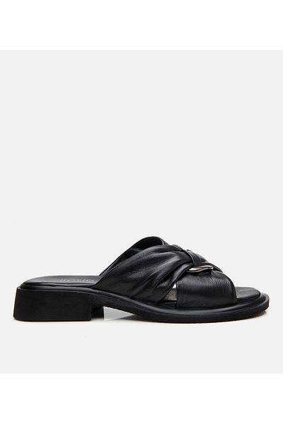 Hotiç Women's Leather Black Buckle Flat Slippers