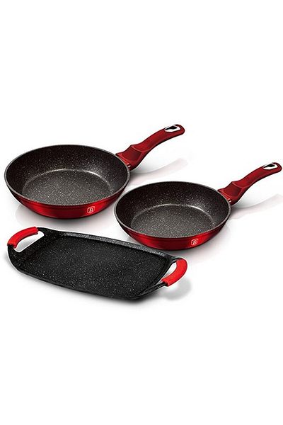 Berlinger 3-piece Burgundy Metallic Line marble surface frying pan and grill plate set