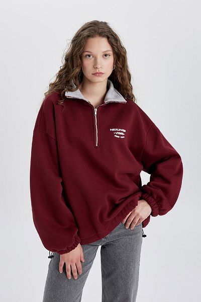 DeFacto Hanorac oversize cu detaliu broderie - jumătate de fermoar, gros C4581ax24sm