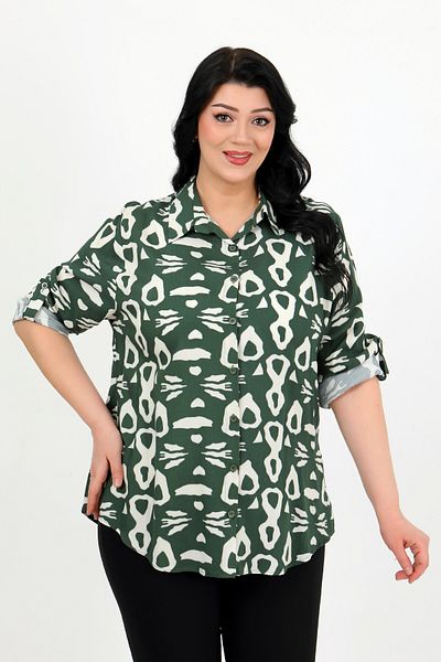 By Alba Collection Women's Khaki Patterned Cotton Viscose Large Size Shirt