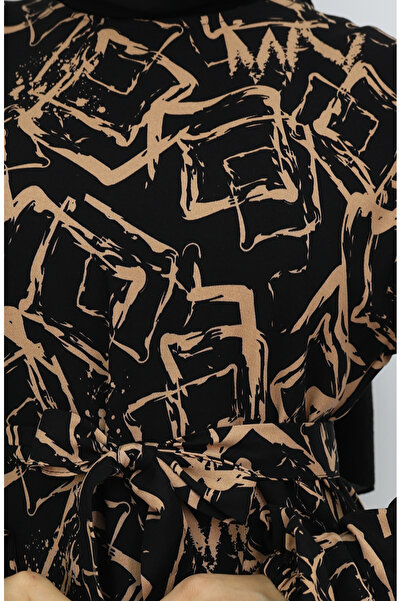 sefamerve Viskon Kumaş Kolu Lastikli Elbise 2006-05 Siyah Sütlü kahve