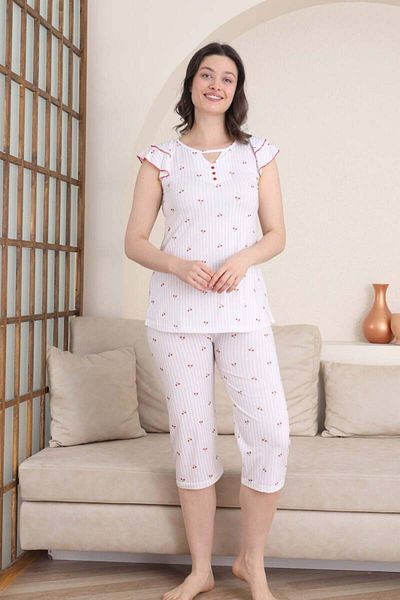 ALİMER Patterned Women's Pajama Set - Ruffled Sleeve Lycra Viscose Bermuda 2840B