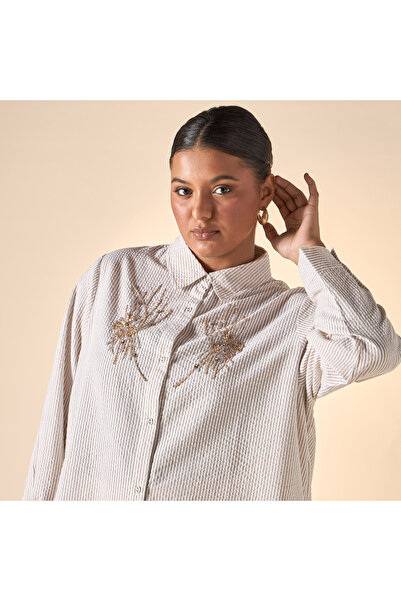 Ulla Popken Plus Size Ulla Popken Embellished Shirt with Long Sleeves