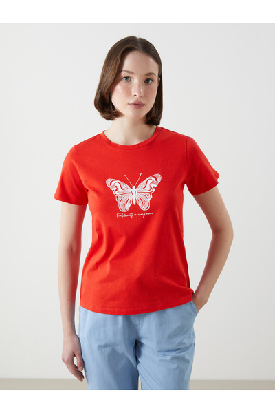 LC Waikiki Tricou de damă cu guler rotund, imprimat, din jerseu