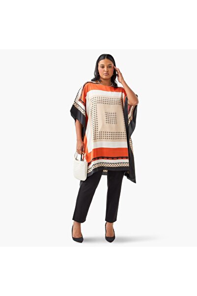 Ulla Popken Plus Size Printed Kaftan Top with Round Neck