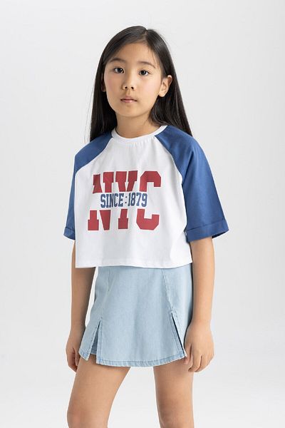 DeFacto Tricou cu mânecă scurtă imprimat pentru fetiță cu gât turnu C2224A824SM
