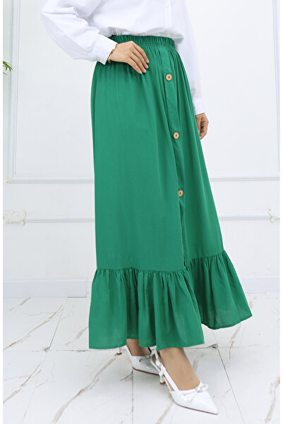 sefamerve Viscose Fabric Buttoned Skirt with Elastic Waist 2011-04 Emerald Green