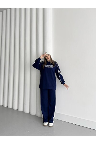 Basicpark Navy Blue Women's Sleeve Pants Stripe Detailed Front Size Embroidery Embroidered Cotton Knitted Bottom Top Set